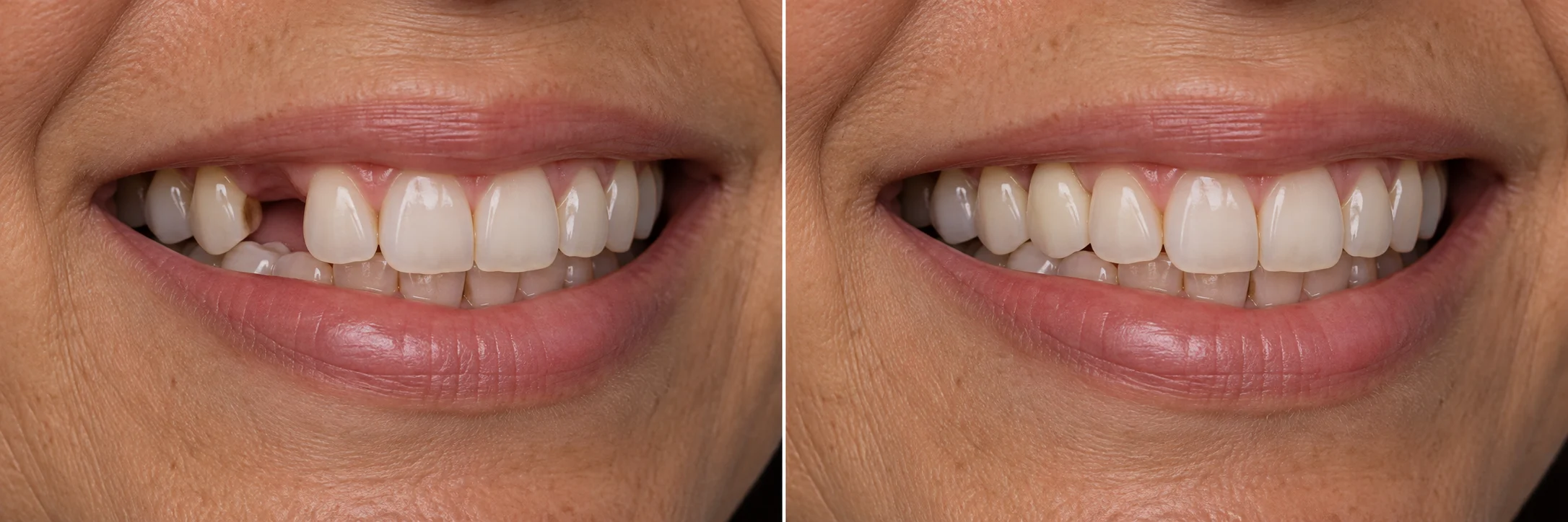 The same illustrative smile with a tooth restoration in the gap