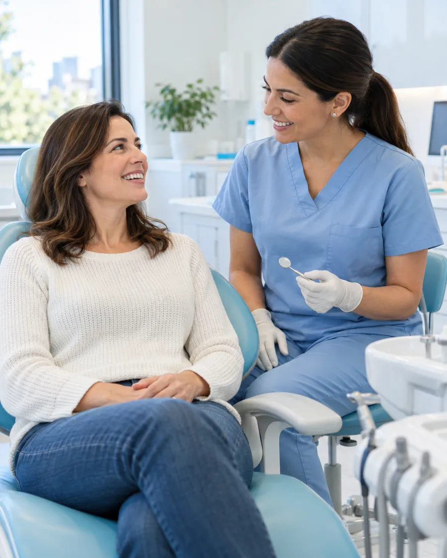 A patient talking comfortably with a dentist in a bright treatment room
